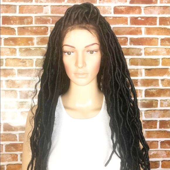 Bohemian Black Wavy Curly Faux Loc Lace Front Wig main image 10